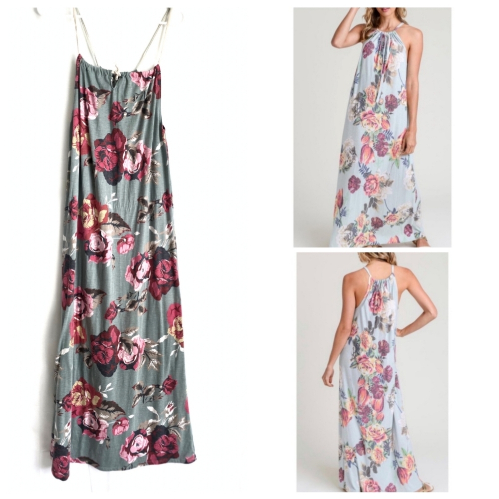 JODIFL Floral Blooming Roses Vacay Halter Maxi Dress M
